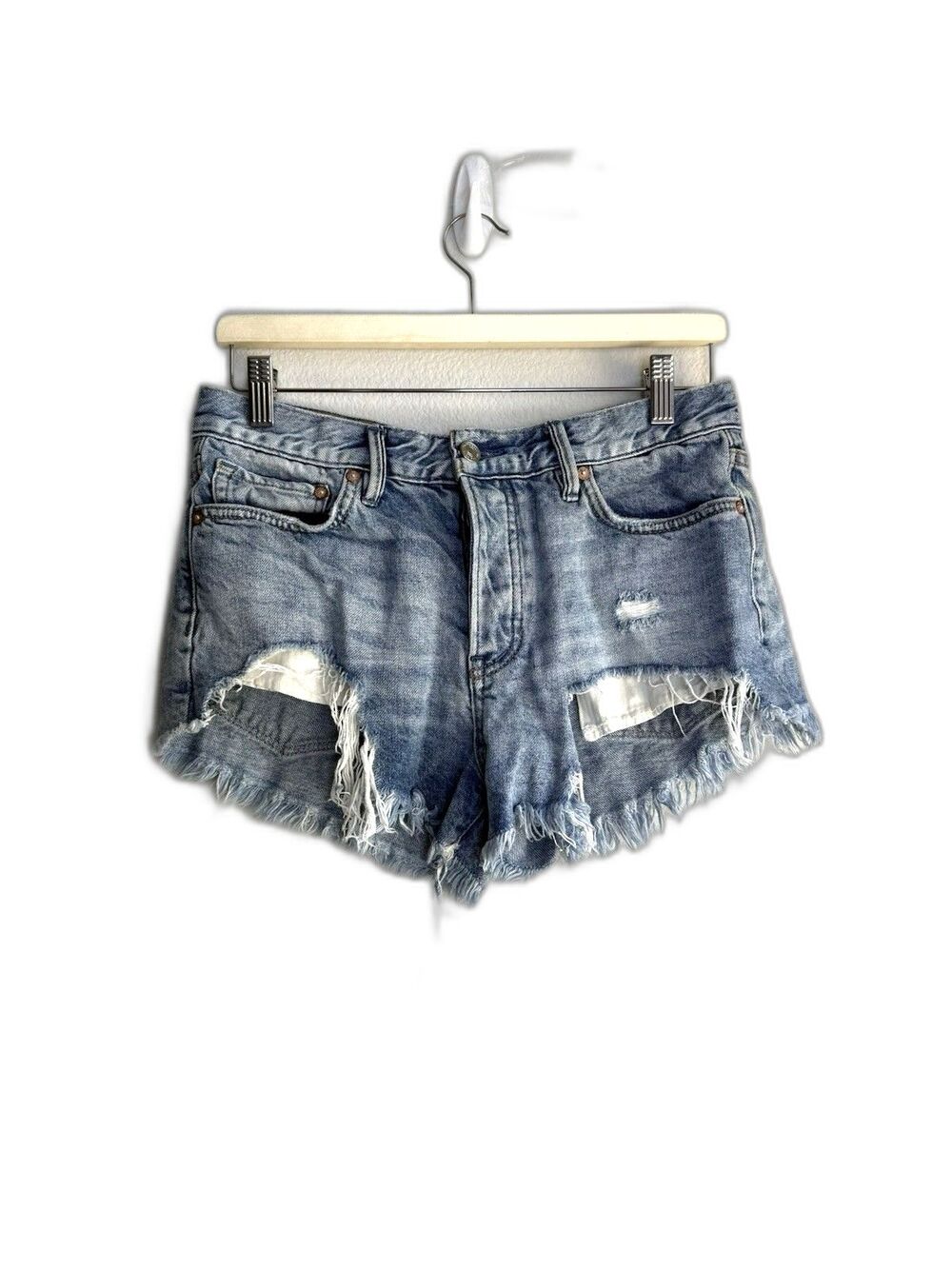 We The Free Shorts 26 Blue Denim Light Wash High Rise Raw Hem Button Fly Hippie
